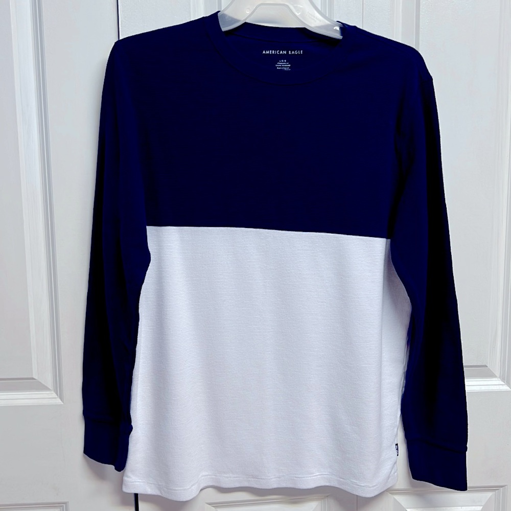 American Eagle Dark Blue White Stripe Cotton Blend Long Sleeves Shirt Mens L